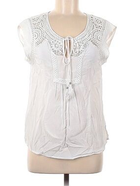 Daniel Rainn Crochet Yoke Tie-Front Cap Sleeve Blouse- White